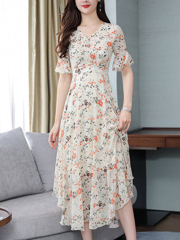 Irregular short sleeve floral chiffon dress