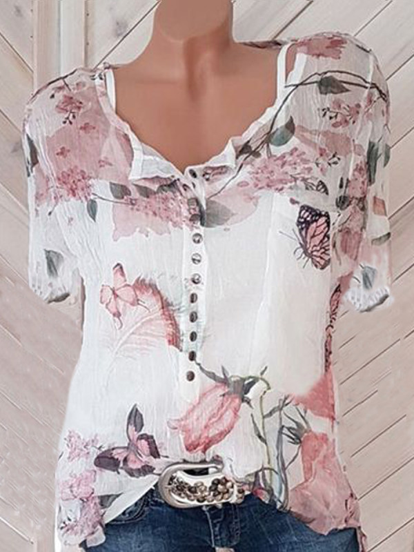 Decorative Button Floral Print Short Sleeve T-shirts
