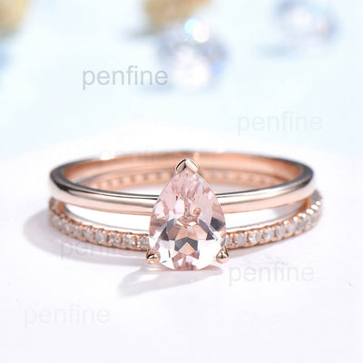 Morganite engagement ring set-handmade Solid 14k Rose gold ring-Real Pave Diamond band-6x8mm