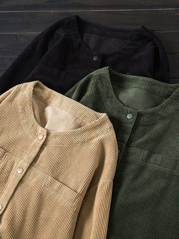 Round Neck Solid Corduroy Casual Jacket