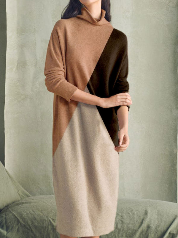 Fashion Colorblock Printed Long Sleeve Casual Maxi Dress