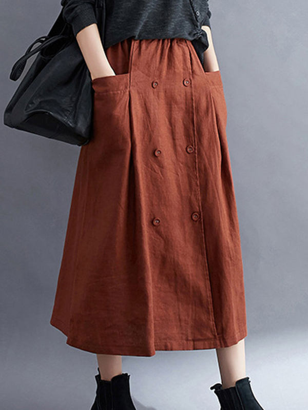 Solid Double-breasted Mid-length Waist Skirt