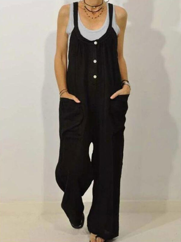 Cotton And Linen Overalls Pockets Solid Color Elasticated Button Jumpsuit
