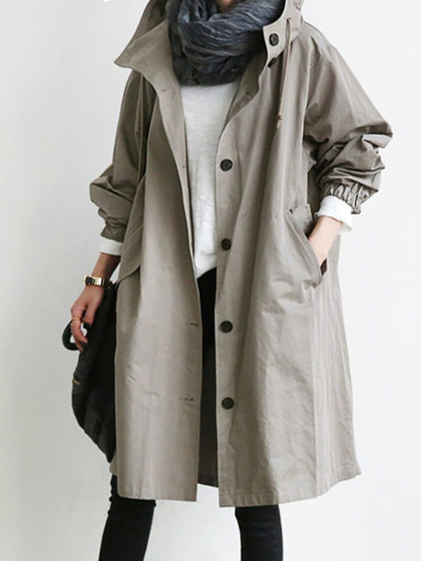 Hooded Drawstring Single Breasted Plain Long Sleeve Trench Coats