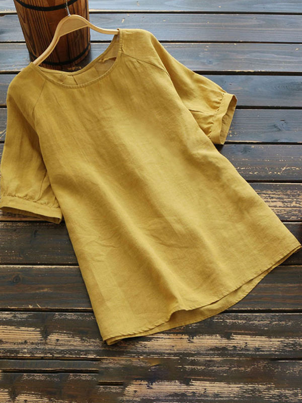 Round Neck Solid Color Short-sleeved Cotton And Linen Blouse