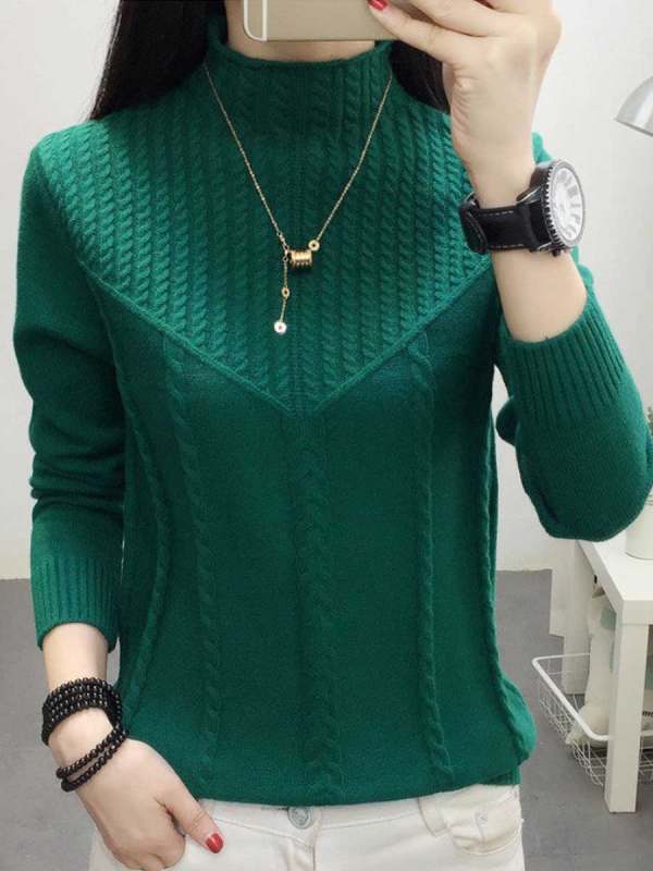 Loose Solid Color Half High Neck Twist Knit Pullover