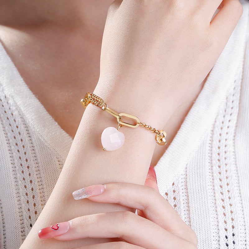 Jeulia "Rituals of Love" Chain Design Heart Shaped Natural Rose Quartz Bracelet