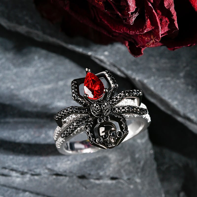 Jeulia Spider Skull Biker Black Tone Pear Cut Sterling Silver Ring