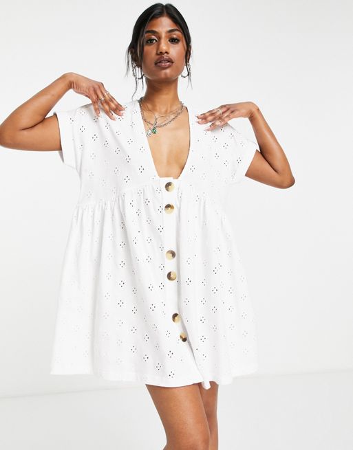 Broderie v neck smock dress with large buttons in white
ASOS DESIGN
