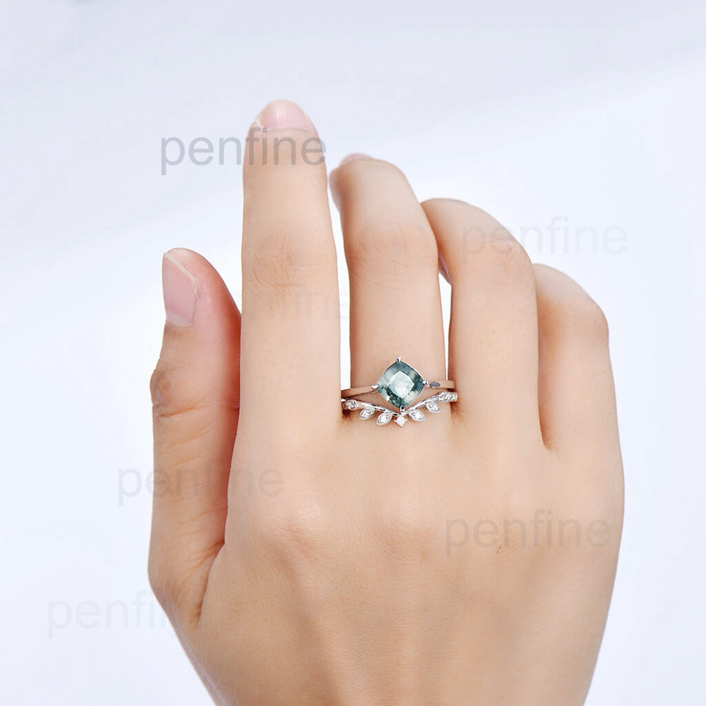 Solitaire Moss Agate Engagement Ring Set Cusion Cut Leaf Moissanite Opal Band