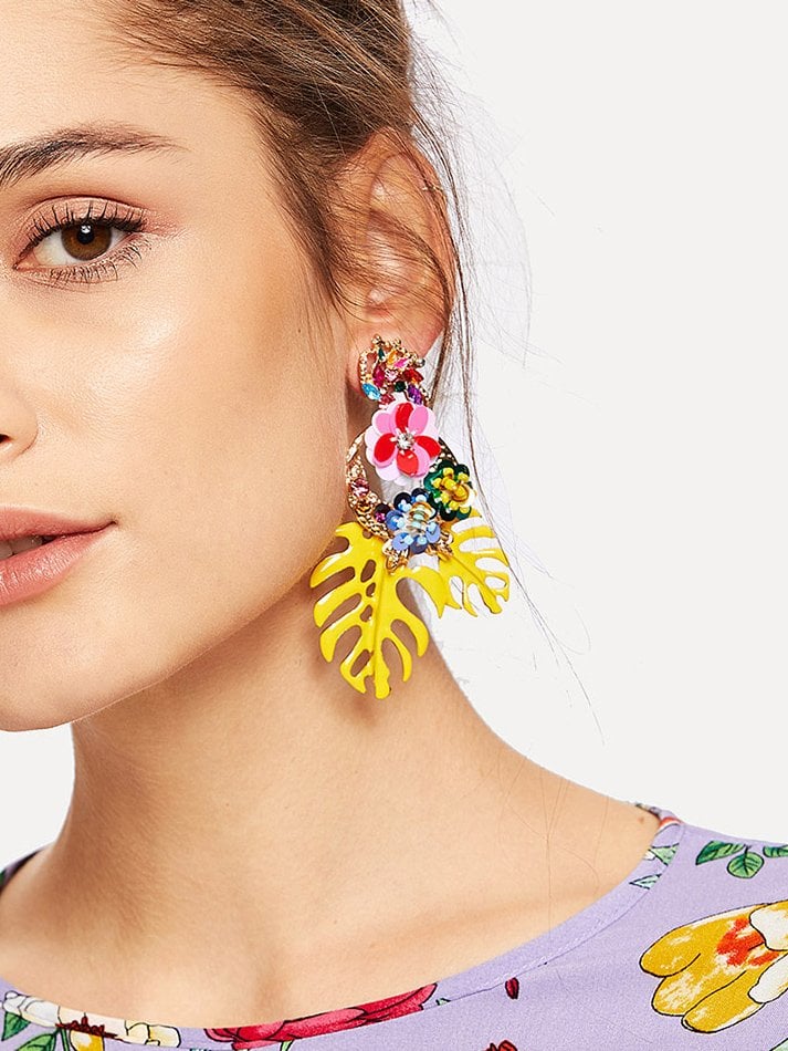 Tropical Leaves & Sequin Flower Drop Earrings