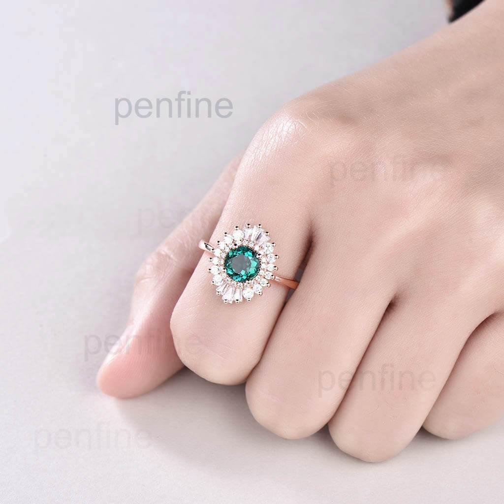 Vintage Emerald Engagement Ring Fancy Unqiue Emerald Ring