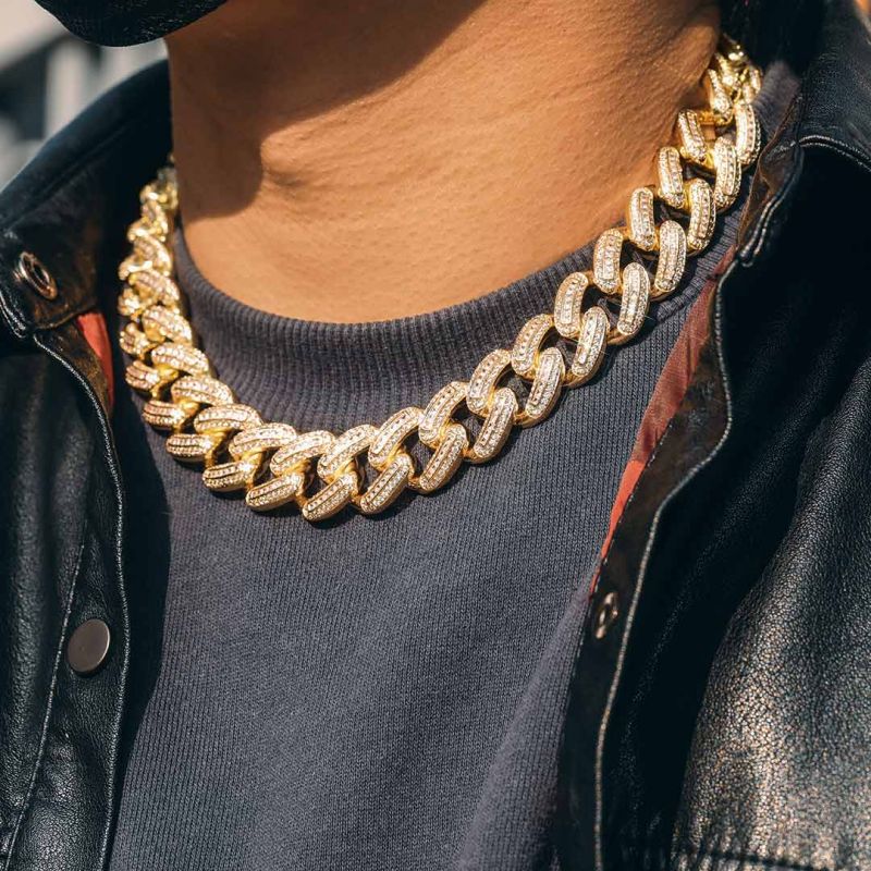 Helloice Iced 20mm Square and Round Stones Cuban Link Chain in Gold
