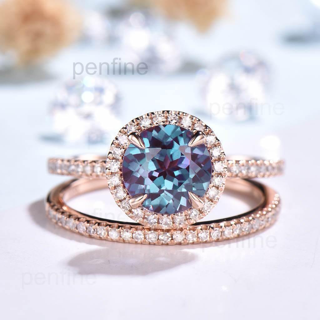 Diamond Halo Alexandrite Waverly Engagement Bridal Set Eternity Band