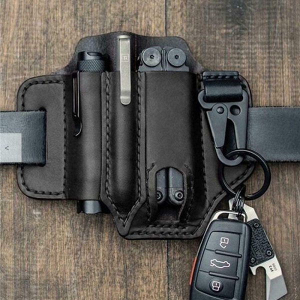 EDC tactical tool leather case outdoor survival flashlight pen storage pocket