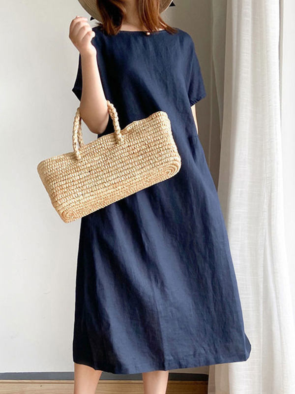 Simple Literary Loose Solid Color Midi Dress