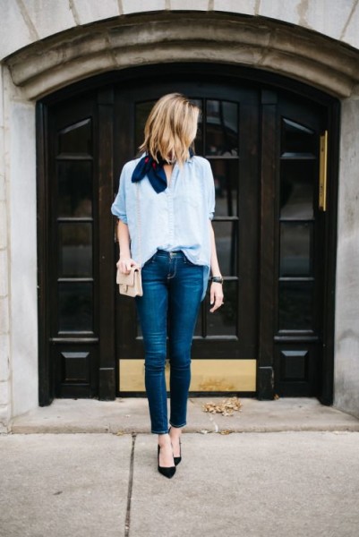 Cropped Jeans, Chambray Shirt, Black Heels, Neck Scarf