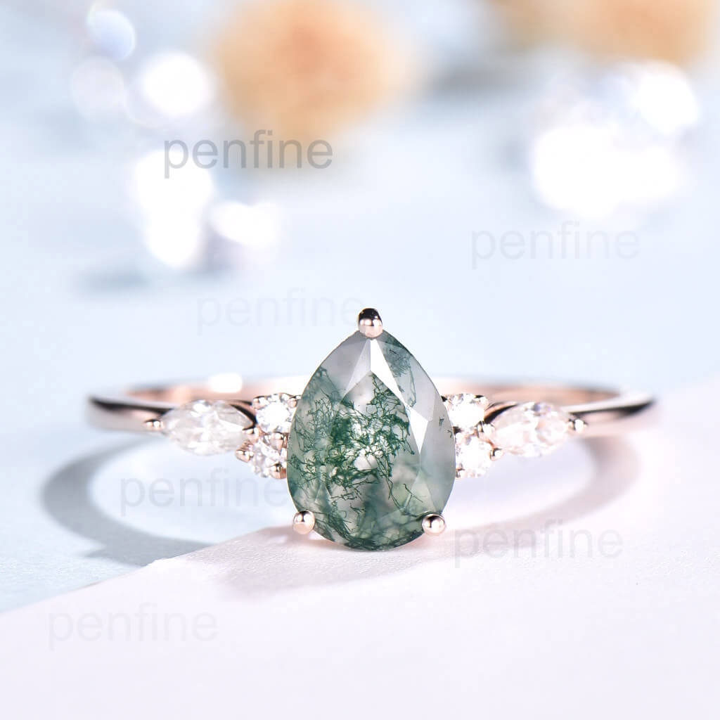 Pear Shaped Cluster Moss Agate Nadia Engagement Ring Round Prong