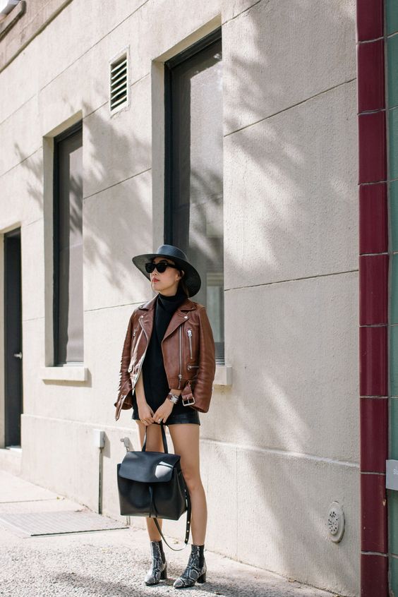 Leather motto jacket and Mansur Gavriel Lady Bag
