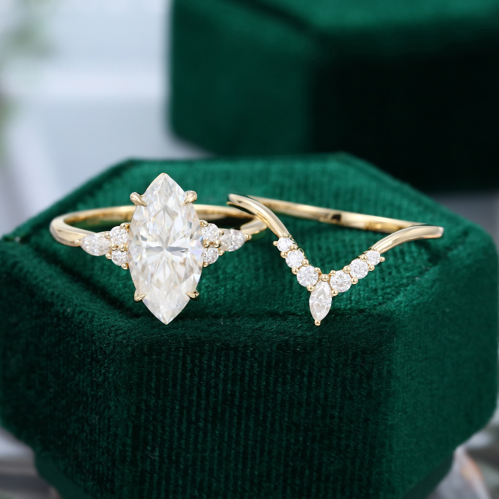 Yellow Gold Moissanite Curved WMarquise Moissanite Engagement Ring Set