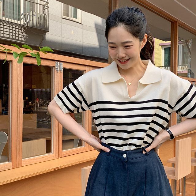 FROMBEGINNING - Marine Stripe Knit Polo Shirt
