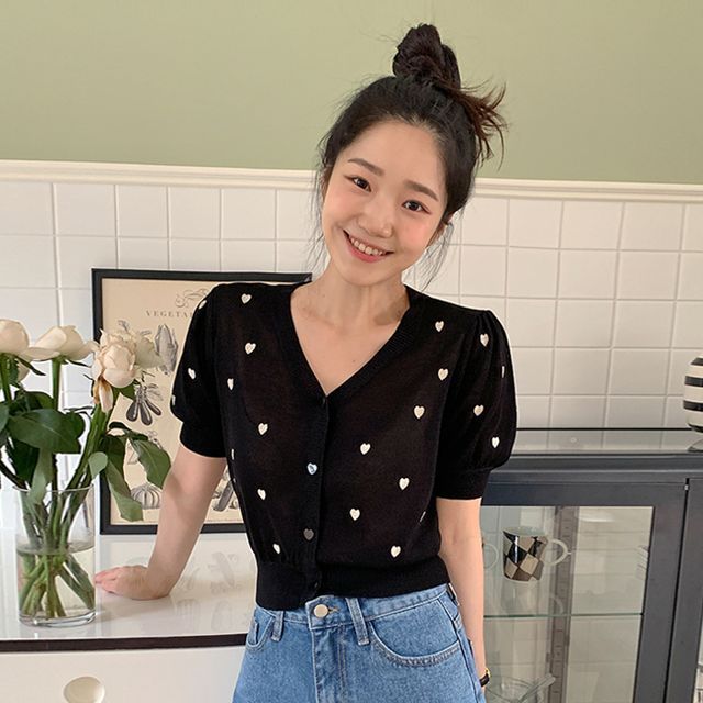 FROMBEGINNING - Puff-Sleeve Heart Cardigan