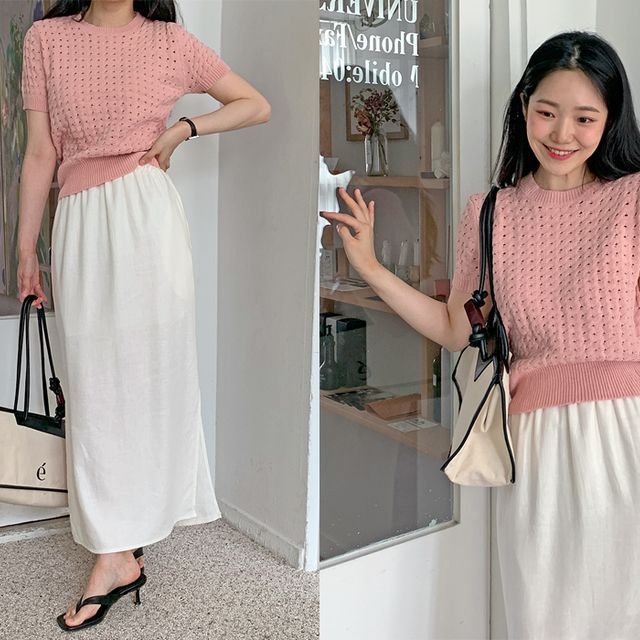 FROMBEGINNING - Crewneck Pointelle-Knit Top