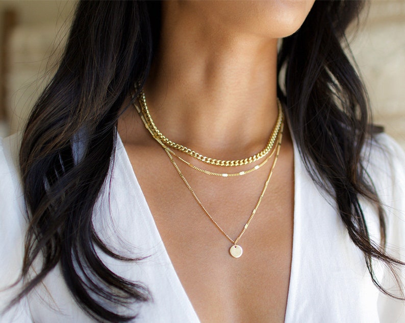 3 Layer Necklace, Layered Necklace Set, Gold Disc Necklace, Gold Necklace, Thick Gold Chain Necklace, Gold Layering Necklace