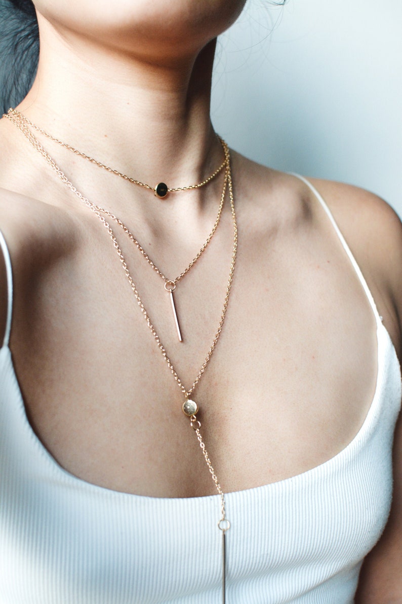 Long Multilayer Pendant Gold Necklace | Featuring Circle + Bar Pendants | Everyday jewellery | Minimalist + Dainty