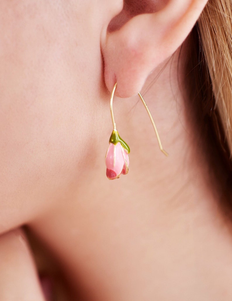 Tulip Ear Hooks Enamel Floral Elegant Cute Tiny Pink