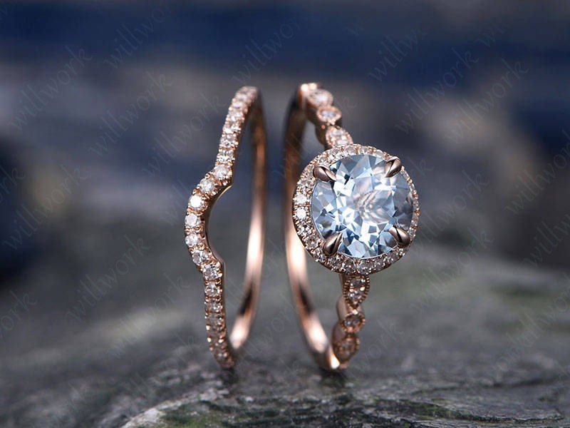 Vintage Blue Aquamarine Engagement Ring Set