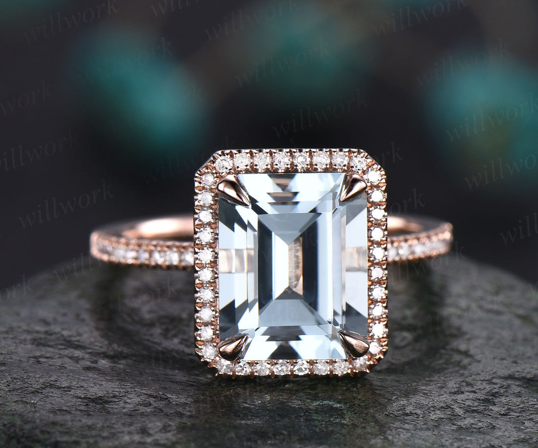 Emerald cut aquamarine engagement ring solid rose gold