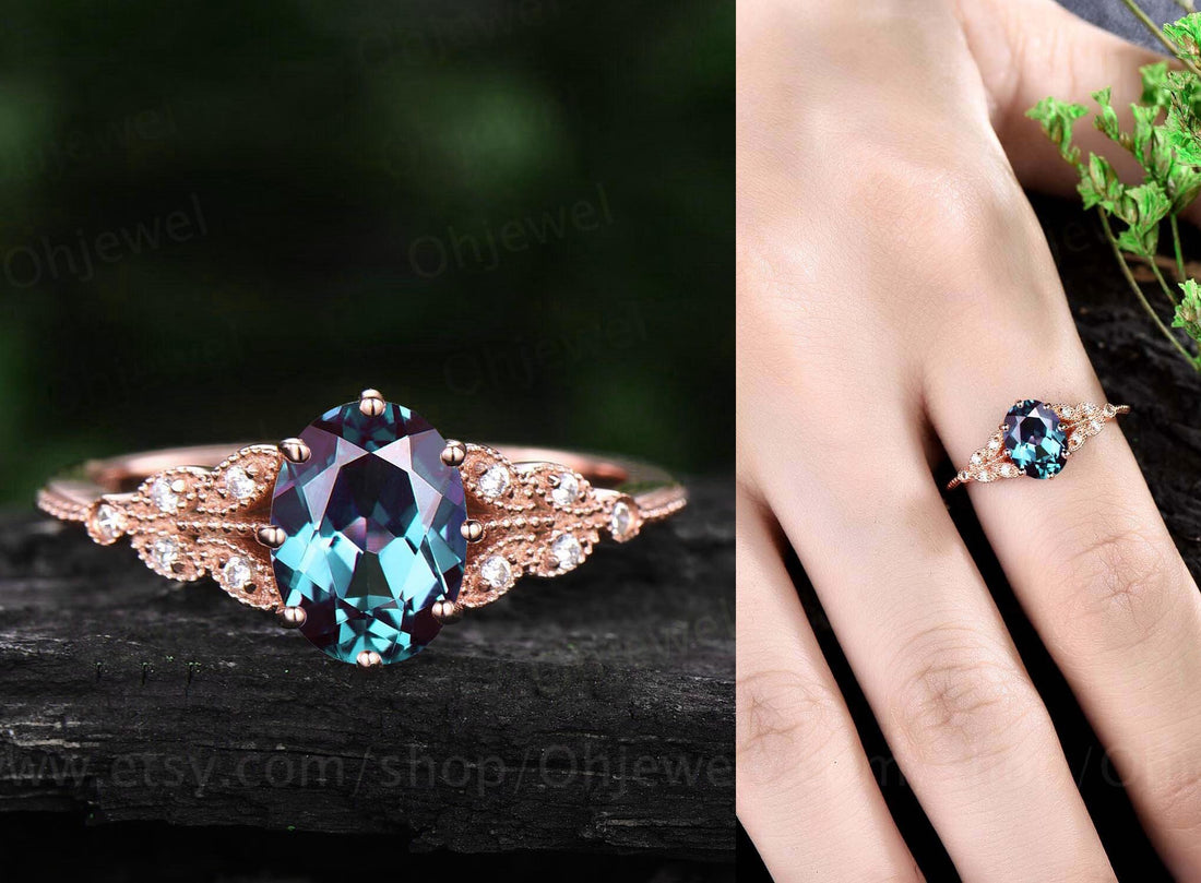 Vintage oval cut green moss agate engagement ring