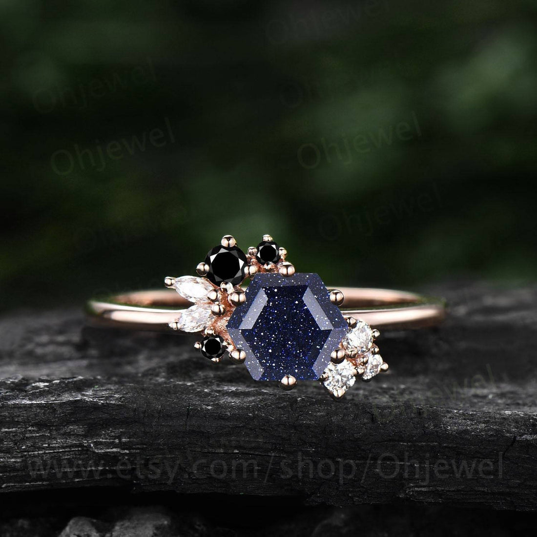Hexagon cut blue sandstone ring