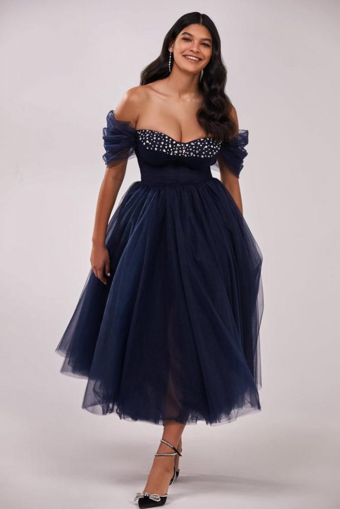 Navy Tender off-the-shoulder midi dress with shiny rhinestones