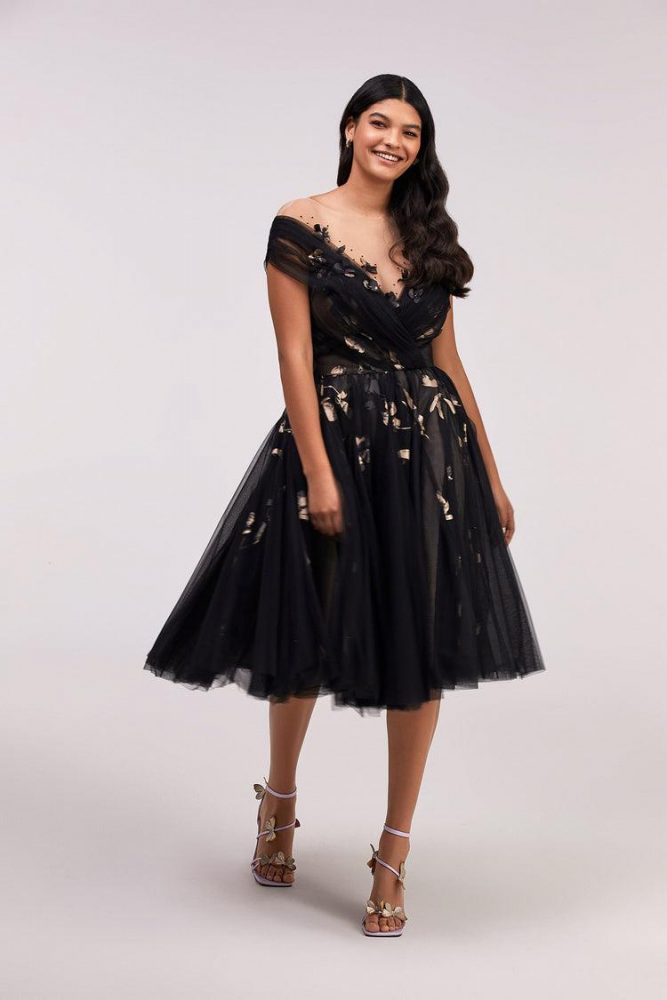 Gold Applique Tulle Midi Dress