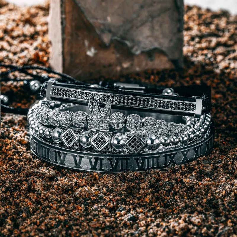 Iced Crown Copper Beads and Roman Number Steel Bracelet Set in Black Gold