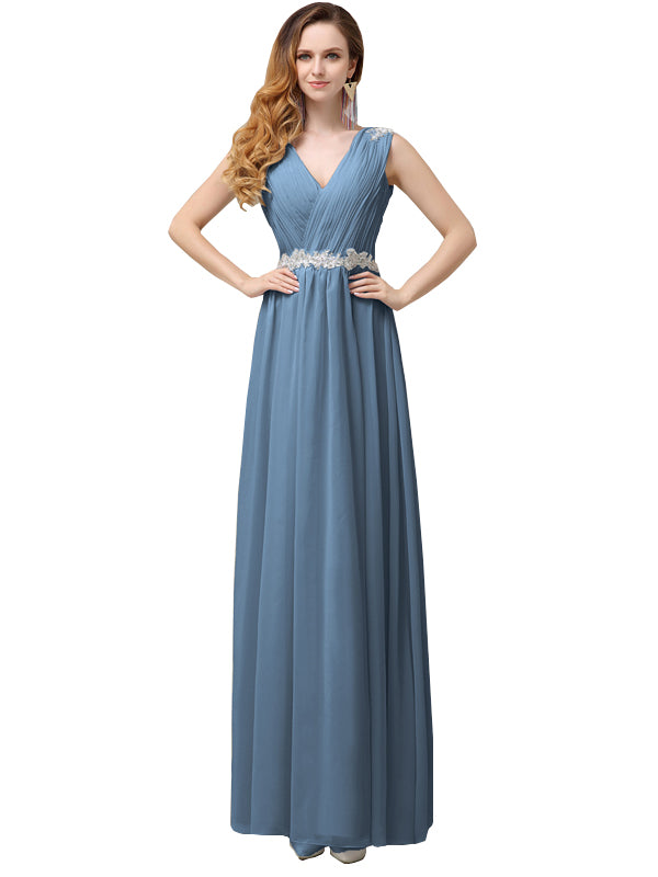 A-Line Chiffon V-Neck Floor-Length Long Bridesmaid Dresses
