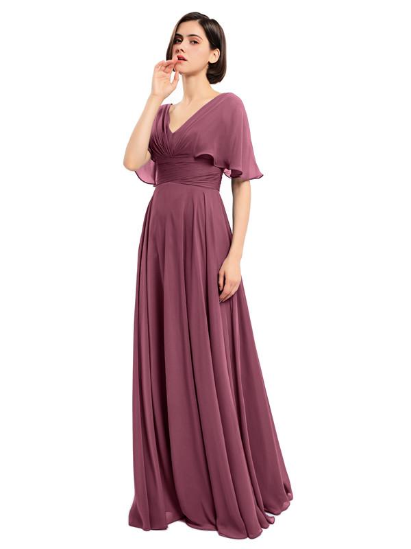 A-Line V-Neck Cap Sleeves Sleeves Chiffon Long Bridesmaid Dresses