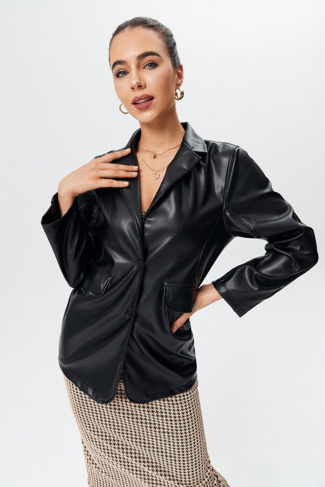 Dual Pocket Solid PU Leather Coat