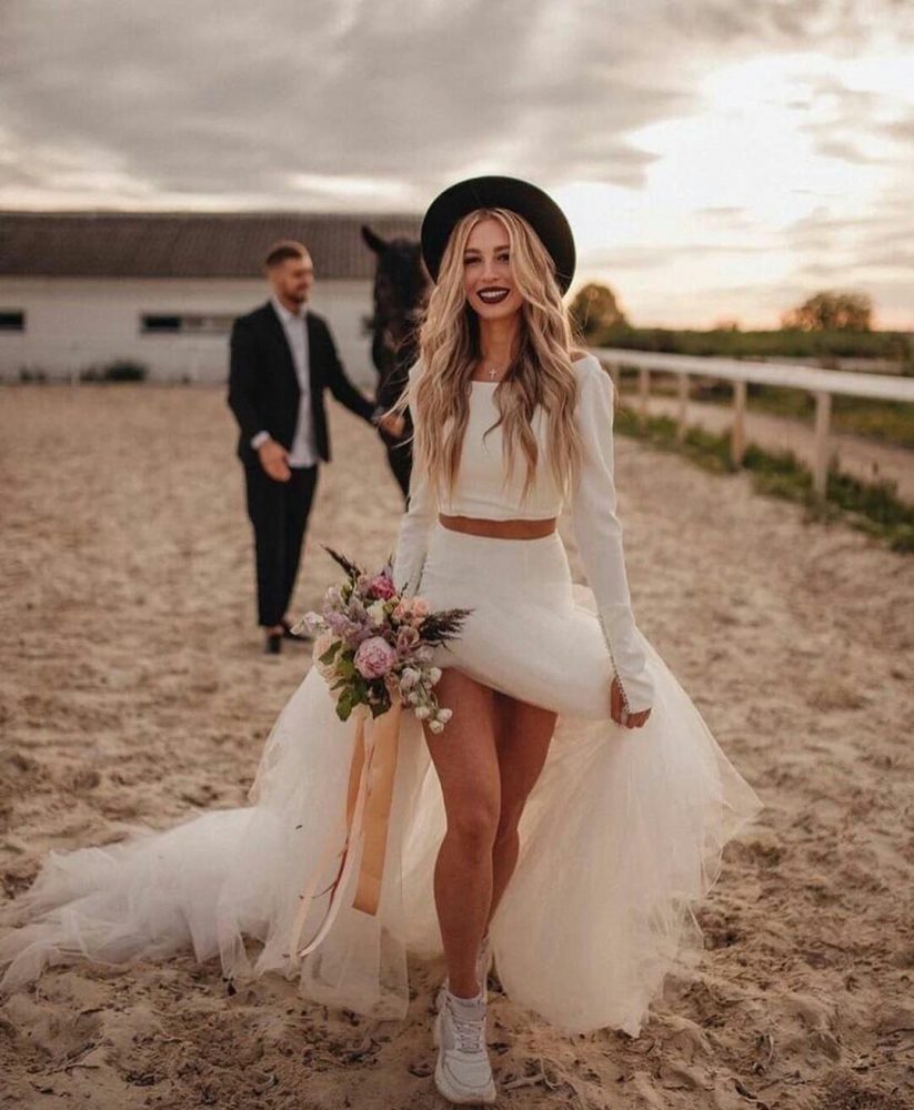 Casual Long Sleeve Top Unique Two Piece Jersey Bridal Separates with Tulle Skirt 