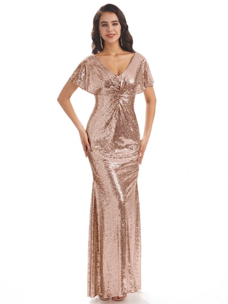 Sparkly V-Neck Sequin Bat Sleeves Long Mermaid Bridesmaid Dresses