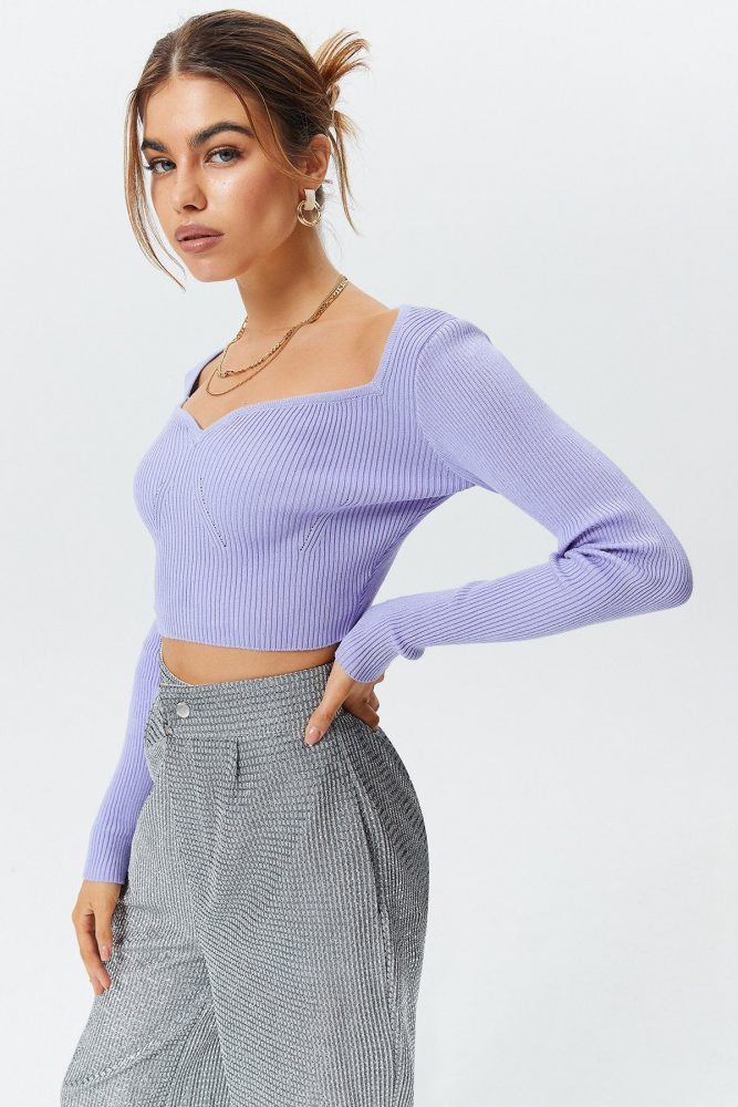 Plunge Neck Ribbed Knit Sweater