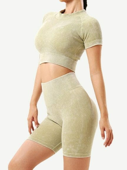 Wholesale Seamless High Neck Cap Sleeve Wash Ribbed Fabric Crop Top