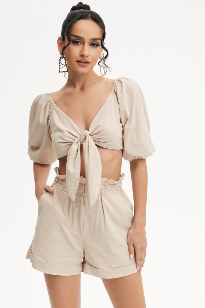 Tie Front Puff Sleeve Crop Top & Paperbag Waist Shorts Set