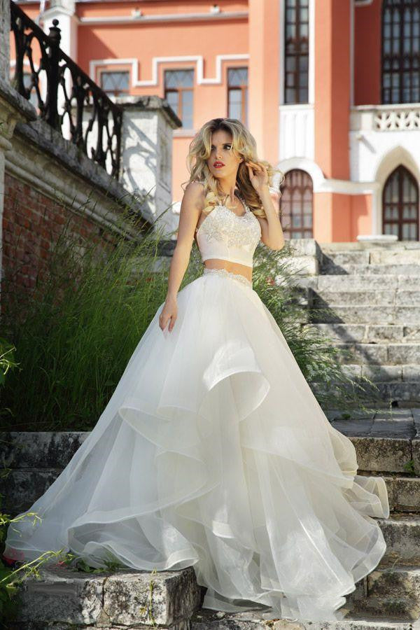 Sexy Crop Top Two Piece Ruffle Wedding Dress Wedding Skirt and Top Two Pieces