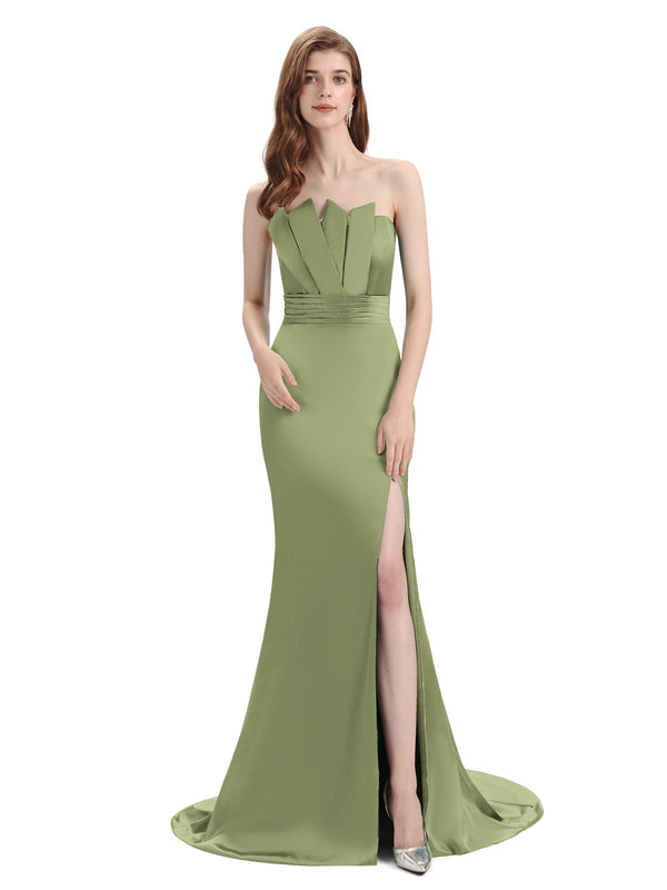 Elegant Soft Satin Strapless Split Side Floor-Length Mermaid Bridesmaid Dresses   