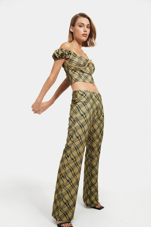 Plaid Print High Waist Flared Pants