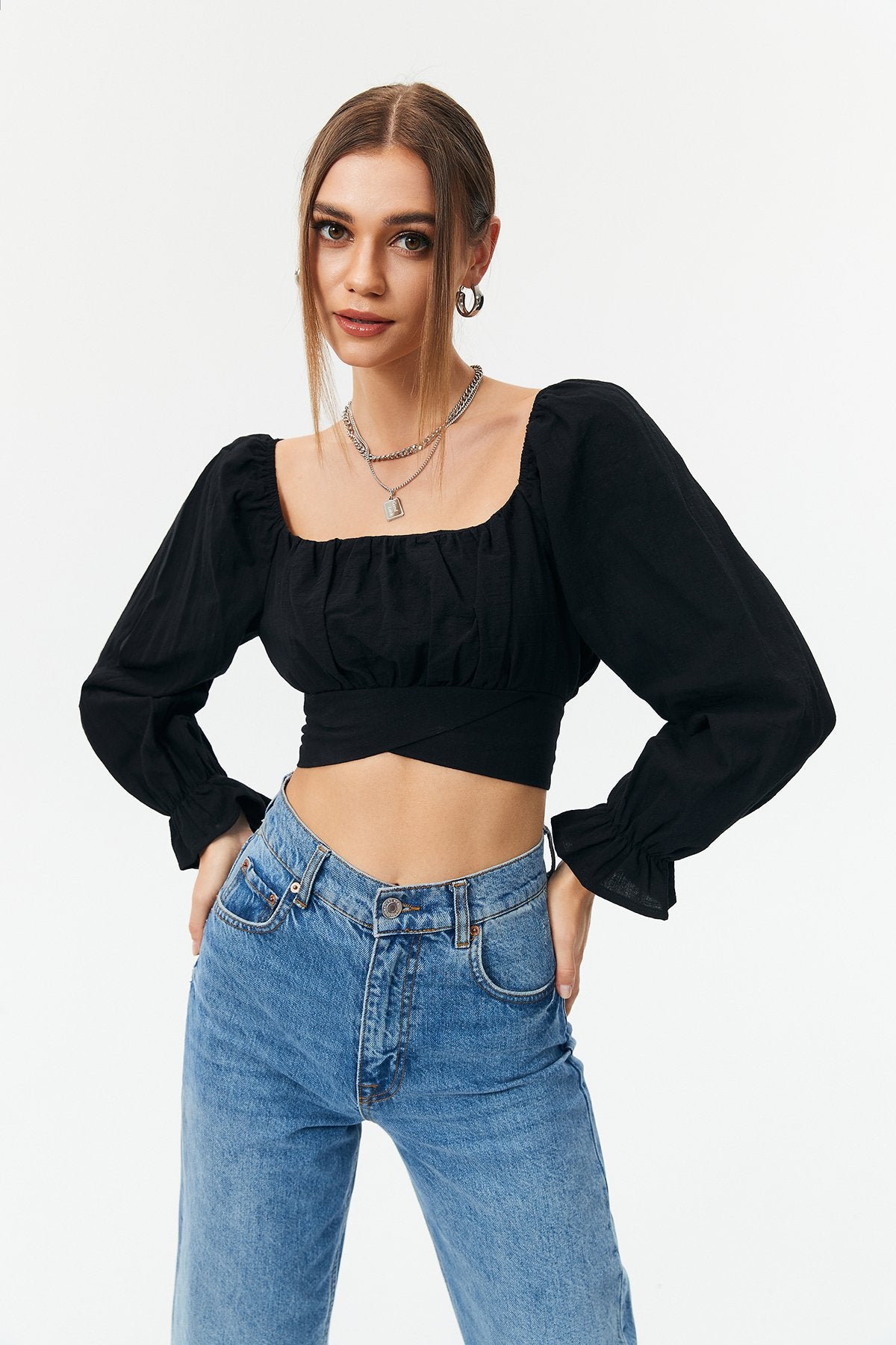 Puff Sleeve Tie Back Crop Long Sleeve Top